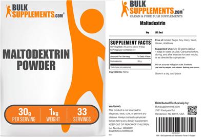 Photo of the BulkSupplements.com Maltodextrin Powder 30 g label