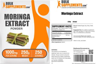 Photo of the BulkSupplements.com Moringa Extract Powder 1000 mg label