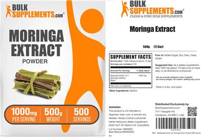 Photo of the BulkSupplements.com Moringa Extract Powder 1000 mg label