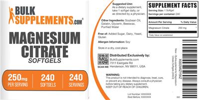 Photo of the BulkSupplements.com Magnesium Citrate Softgels 250 mg label