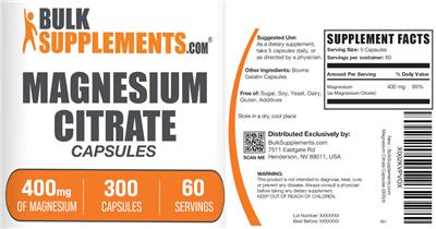Photo of the BulkSupplements.com Magnesium Citrate Capsules 400 mg label