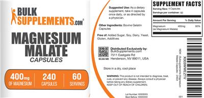 Photo of the BulkSupplements.com Magnesium Malate Capsules 400 mg label