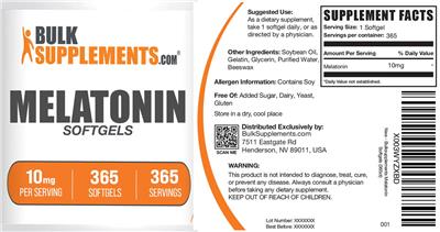 Photo of the BulkSupplements.com Melatonin Softgels 10 mg label
