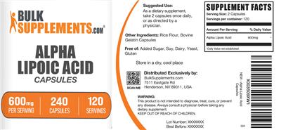 Photo of the BulkSupplements.com Alpha Lipoic Acid 600 mg label