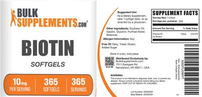 Photo of the BulkSupplements.com Biotin Softgels 10 mg label