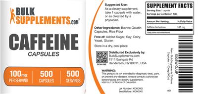 Photo of the BulkSupplements.com Caffeine Capsules 100 mg label