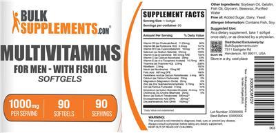 Photo of the BulkSupplements.com Multivitamins for Men - with Fish Oil Softgels 1000 mg label