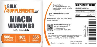 Photo of the BulkSupplements.com Niacin Vitamin B3 Capsules 500 mg label