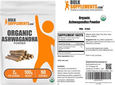 Photo of the BulkSupplements.com Organic Ashwagandha Powder 2g label