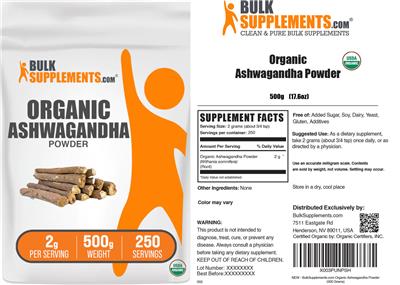 Photo of the BulkSupplements.com Organic Ashwagandha Powder 2 g label