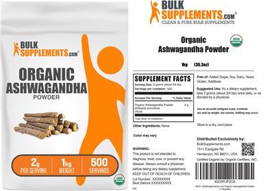 Photo of the BulkSupplements.com Organic Ashwagandha Powder 2 g label