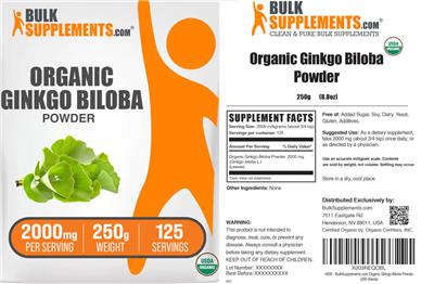 Photo of the BulkSupplements.com Organic Ginkgo Biloba Powder 2000 mg label