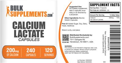 Photo of the BulkSupplements.com Calcium Lactate 200 mg Capsules label