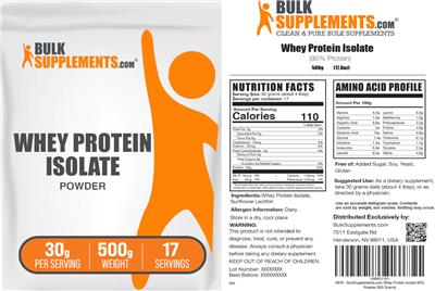 Photo of the BulkSupplements.com Whey Protein Isolate Powder 30 g label