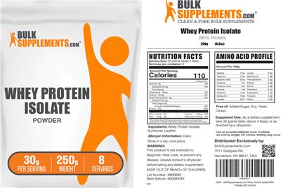 Photo of the BulkSupplements.com Whey Protein Isolate Powder 30 g label