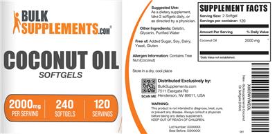 Photo of the BulkSupplements.com Coconut Oil 2000 mg Softgels label