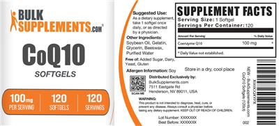 Photo of the BulkSupplements.com Coenzyme Q10 Softgels 100 mg label