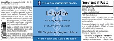 Photo of the Physician's Preference L-Lysine 1,000 mg label