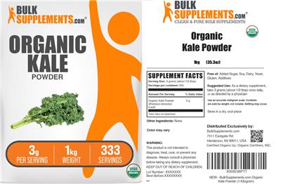Photo of the BulkSupplements.com Organic Kale Powder 3 g label