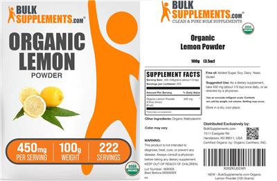 Photo of the BulkSupplements.com Organic Lemon Powder 450 mg label