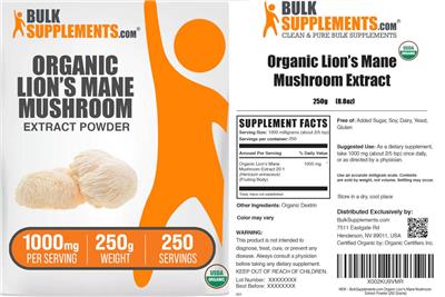 Product label for Organic Lion's Mane Mushroom Extract Powder 1000 mg