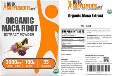 Photo of the BulkSupplements.com Organic Maca Root Extract Powder 3000 mg label
