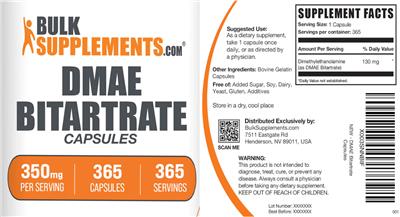 Photo of the BulkSupplements.com DMAE Bitartrate 350 mg Capsules label