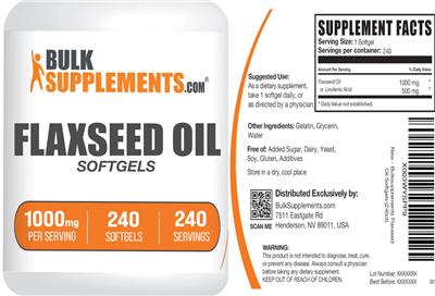 Photo of the BulkSupplements.com Flaxseed Oil Softgels 1000 mg label