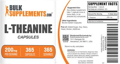 Photo of the BulkSupplements.com L-Theanine 200 mg Capsules label