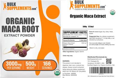 Photo of the BulkSupplements.com Organic Maca Root Extract Powder 3000 mg label