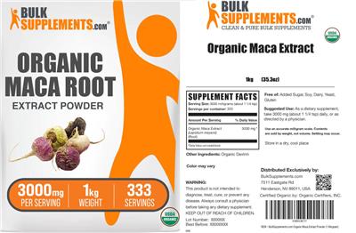 Photo of the BulkSupplements.com Organic Maca Root Extract Powder 3000 mg label