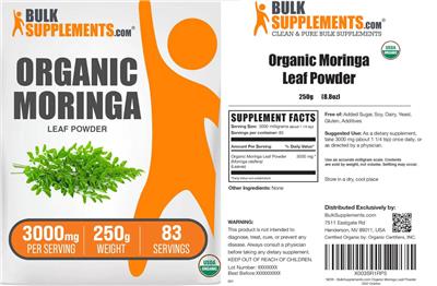 Photo of the BulkSupplements.com Organic Moringa Leaf Powder 3000 mg label