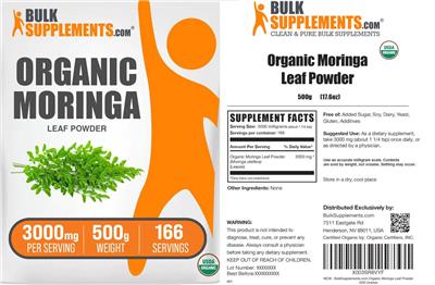 Photo of the BulkSupplements.com Organic Moringa Leaf Powder 3000 mg label