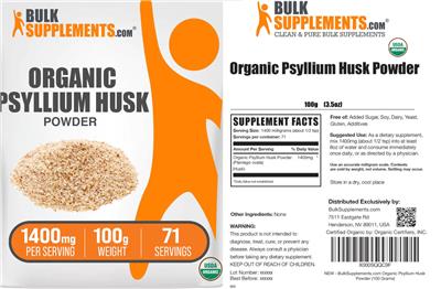 Photo of the BulkSupplements.com Organic Psyllium Husk Powder 1400 mg label
