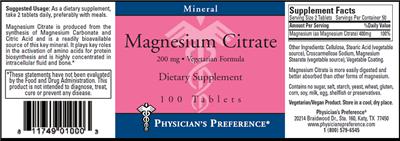 Photo of the Physician's Preference Magnesium Citrate 200 mg label