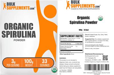 Photo of the BulkSupplements.com Organic Spirulina Powder 3 g label
