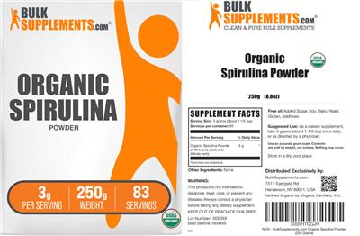 Photo of the BulkSupplements.com Organic Spirulina Powder 3 g label