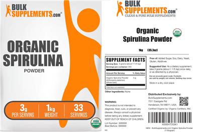 Photo of the BulkSupplements.com Organic Spirulina Powder 3 g label
