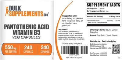 Photo of the BulkSupplements.com Pantothenic Acid Vitamin B5 Veg Capsules 550 mg label