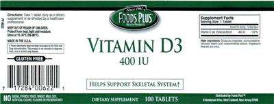 Photo of the Foods Plus Vitamin D3 400 IU label