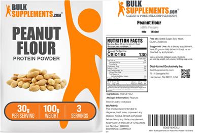 Photo of the BulkSupplements.com Peanut Flour Protein Powder 30 g label