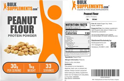 Photo of the BulkSupplements.com Peanut Flour Protein Powder 30 g label