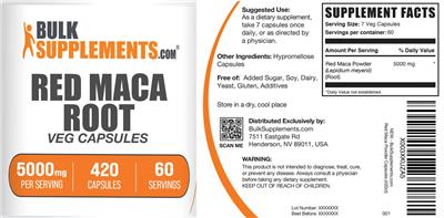 Photo of the BulkSupplements.com Red Maca Root Veg Capsules 5000 mg label