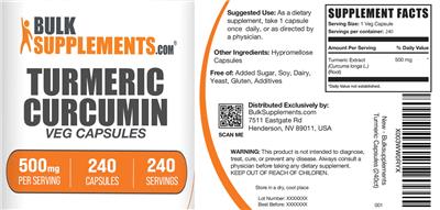 Photo of the BulkSupplements.com Turmeric Curcumin 500 mg Veg Capsules label