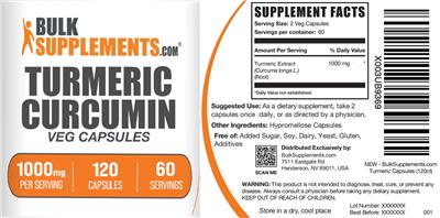 Photo of the BulkSupplements.com Turmeric Curcumin 1000mg Veg Capsules label