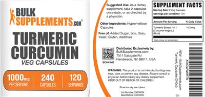 Photo of the BulkSupplements.com Turmeric Curcumin Veg Capsules 1000 mg label
