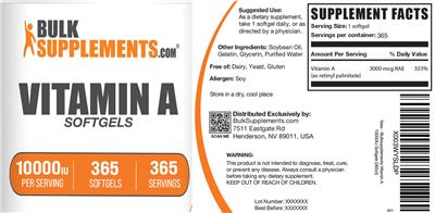 Photo of the BulkSupplements.com Vitamin A Softgels 10000 IU label