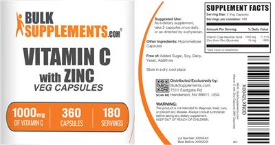 Photo of the BulkSupplements.com Vitamin C with Zinc Capsules 1000 mg label