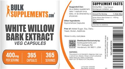 Photo of the BulkSupplements.com White Willow Bark Extract Veg Capsules 400 mg label