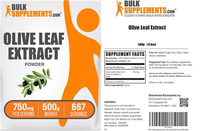 Photo of the BulkSupplements.com Olive Leaf Extract Powder 750 mg label